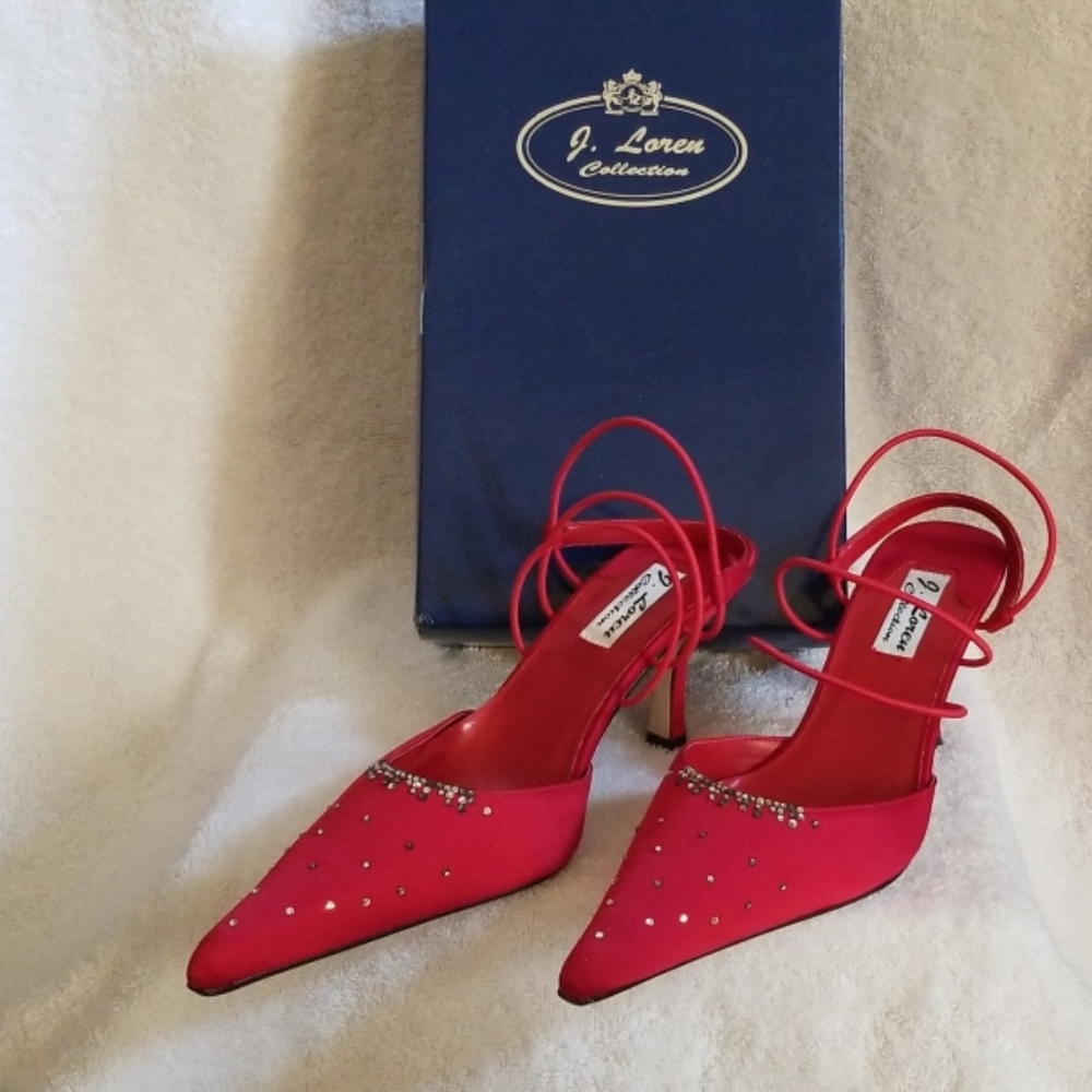 Red satin evening shoes with crystal details